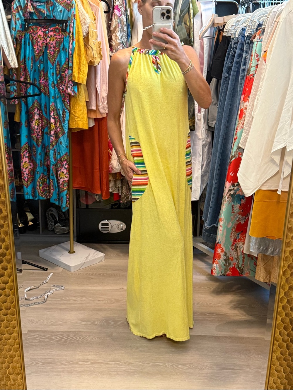 Vintage 70s Terry Cloth Maxi Dress with Rainbow Pockets